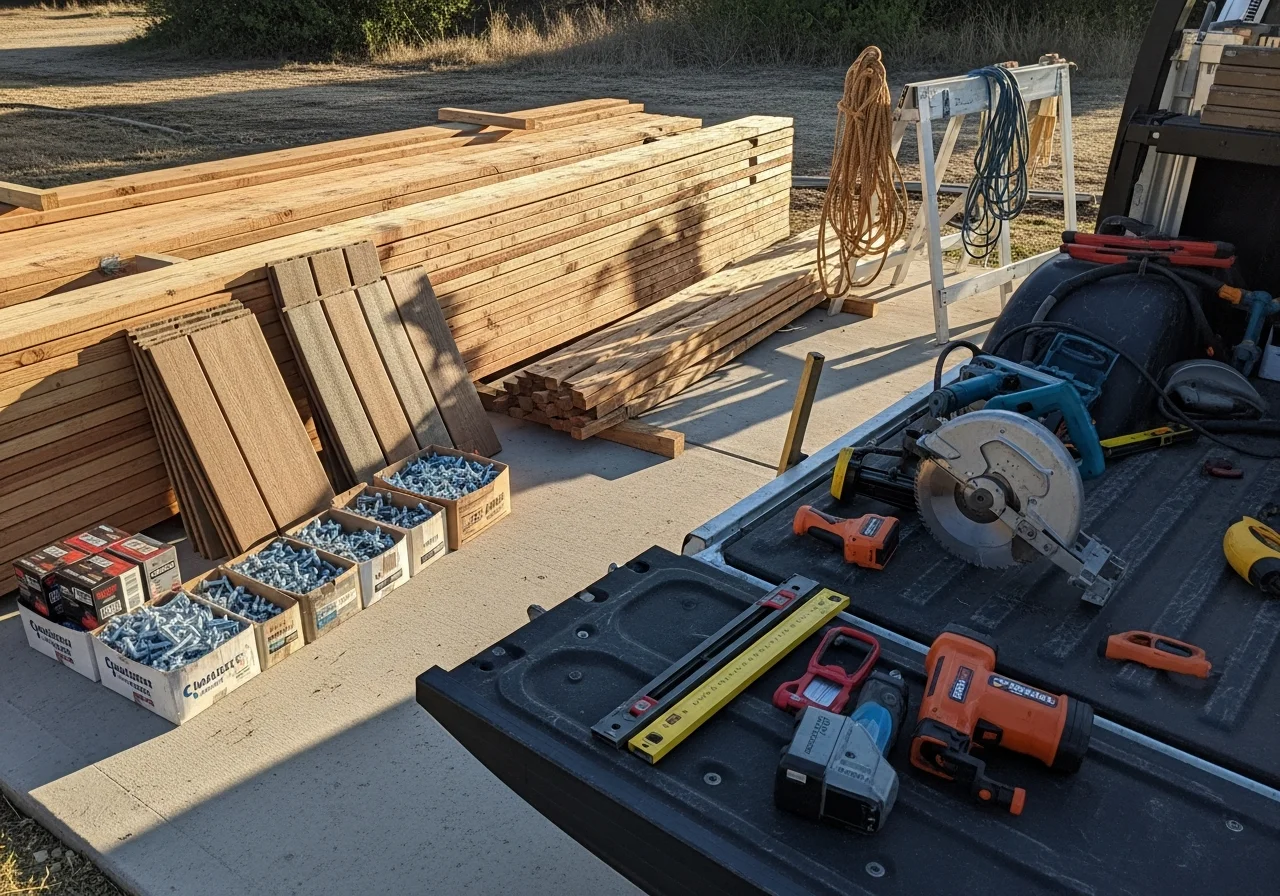 Contractor tools and materials on a work site, showcasing the equipment and setup for deck and fence construction.
