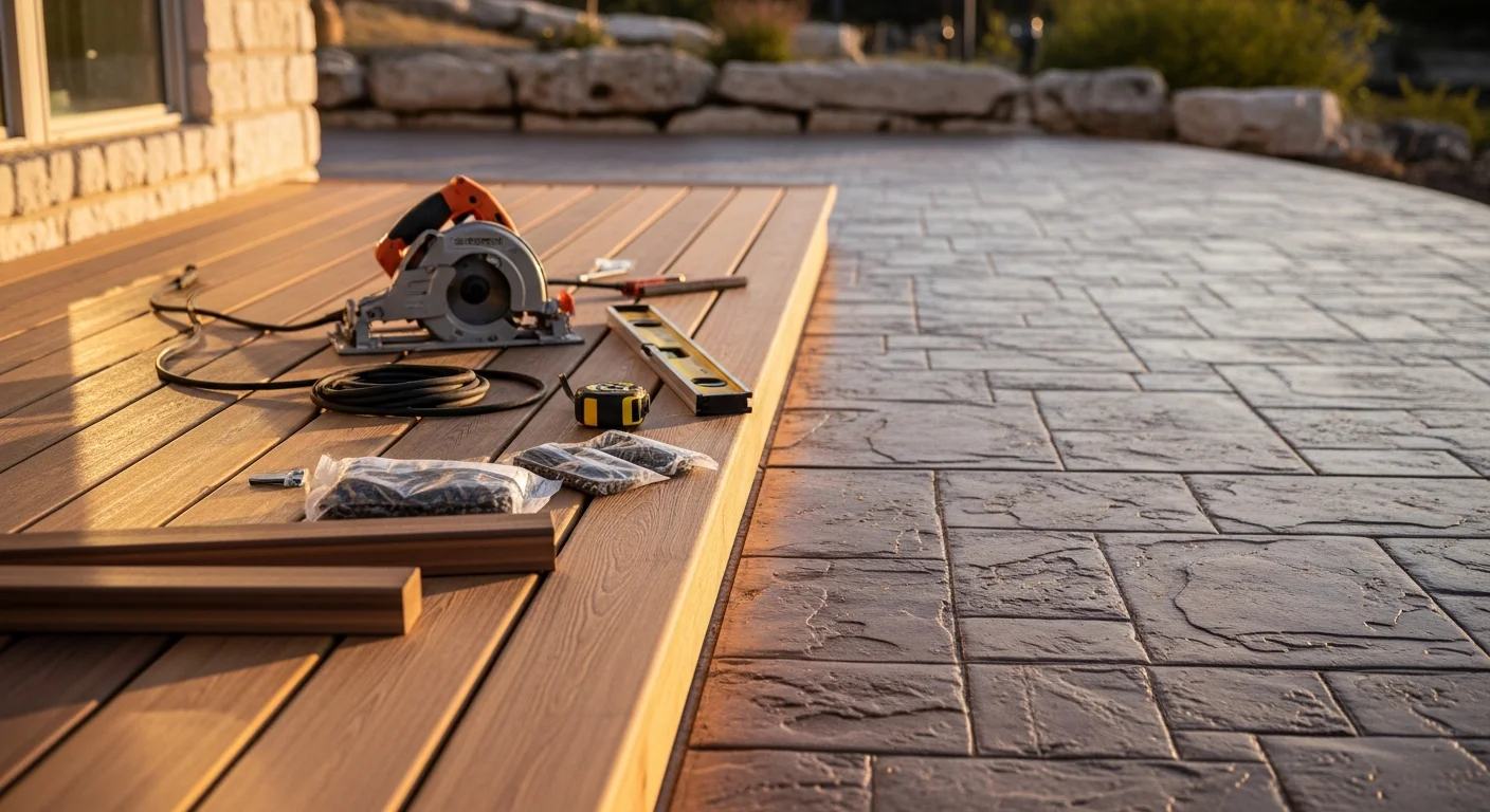 Custom wooden deck with railing overlooking backyard in New Braunfels