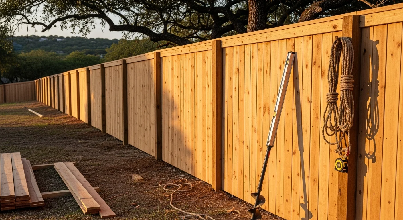 Wooden privacy fence installed along residential property line in New Braunfels