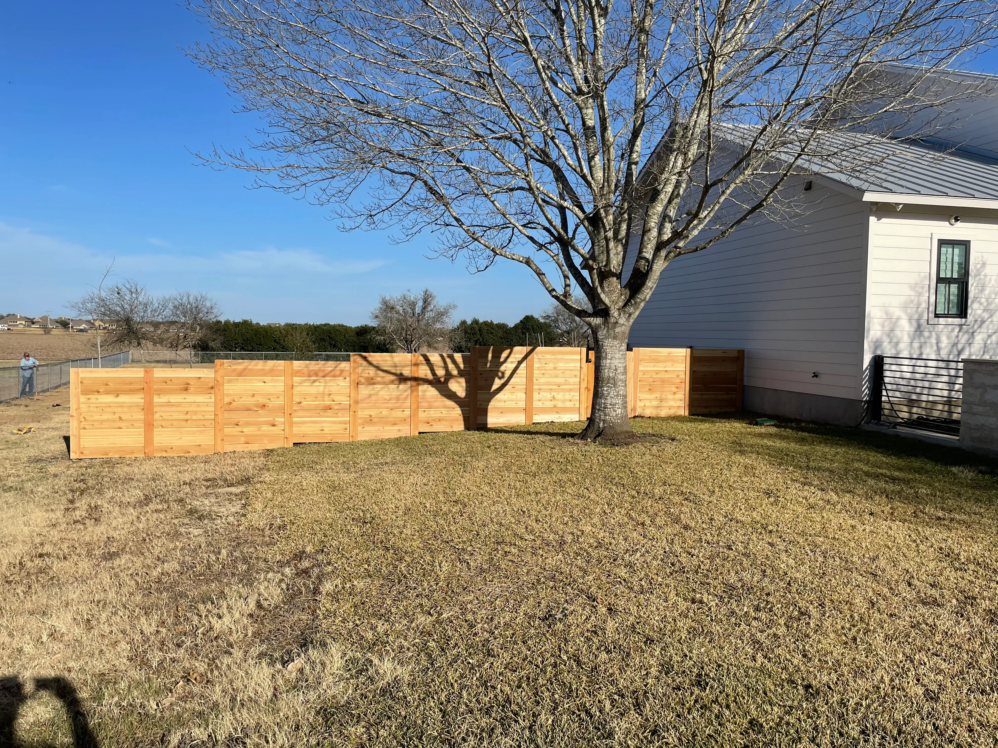 Cedar privacy fence with horizontal boards installed around backyard with mature tree