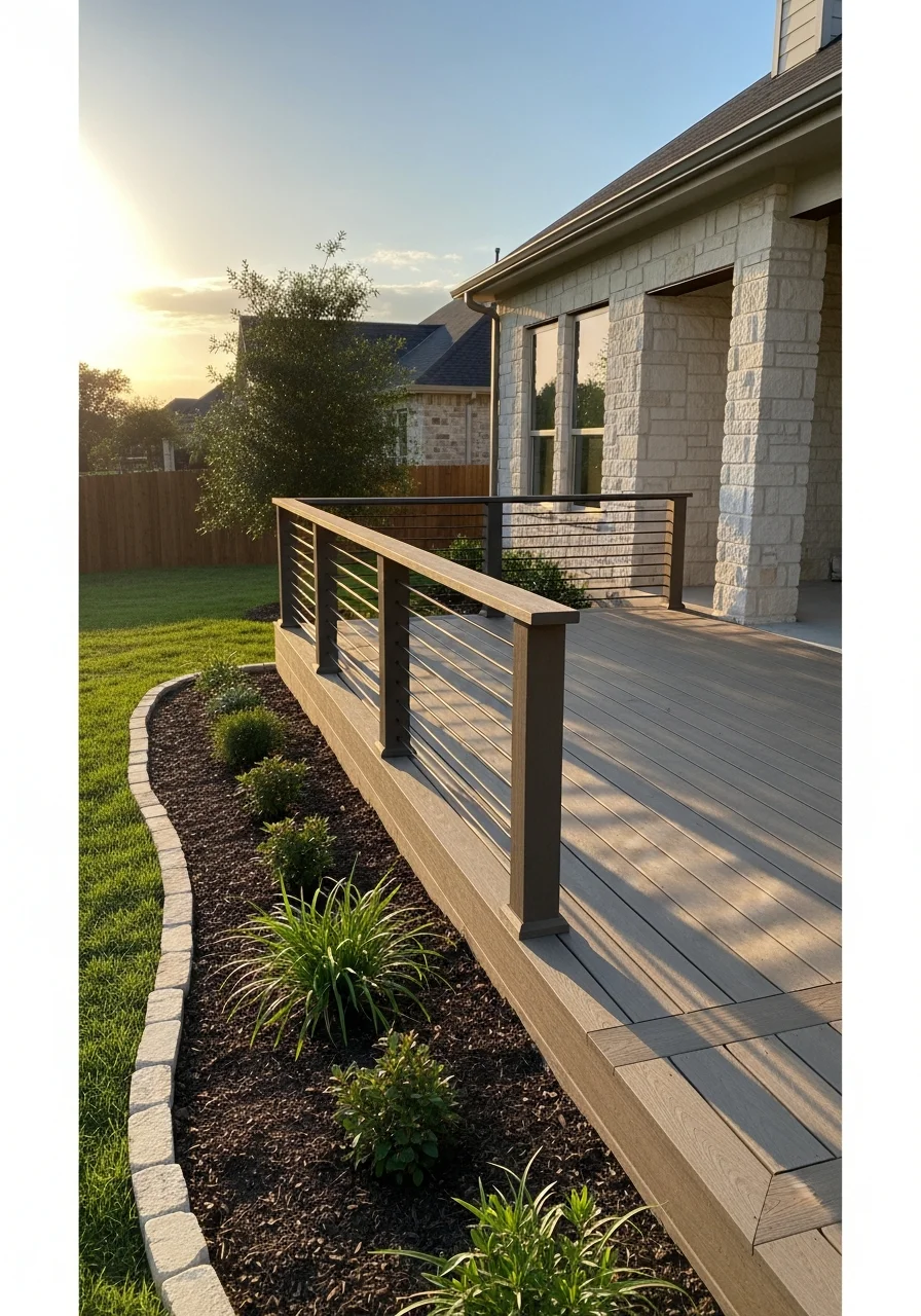 Portrait image of an Austin homeowner standing in their yard with their maintained property and home visible, showing pride in their landscape.