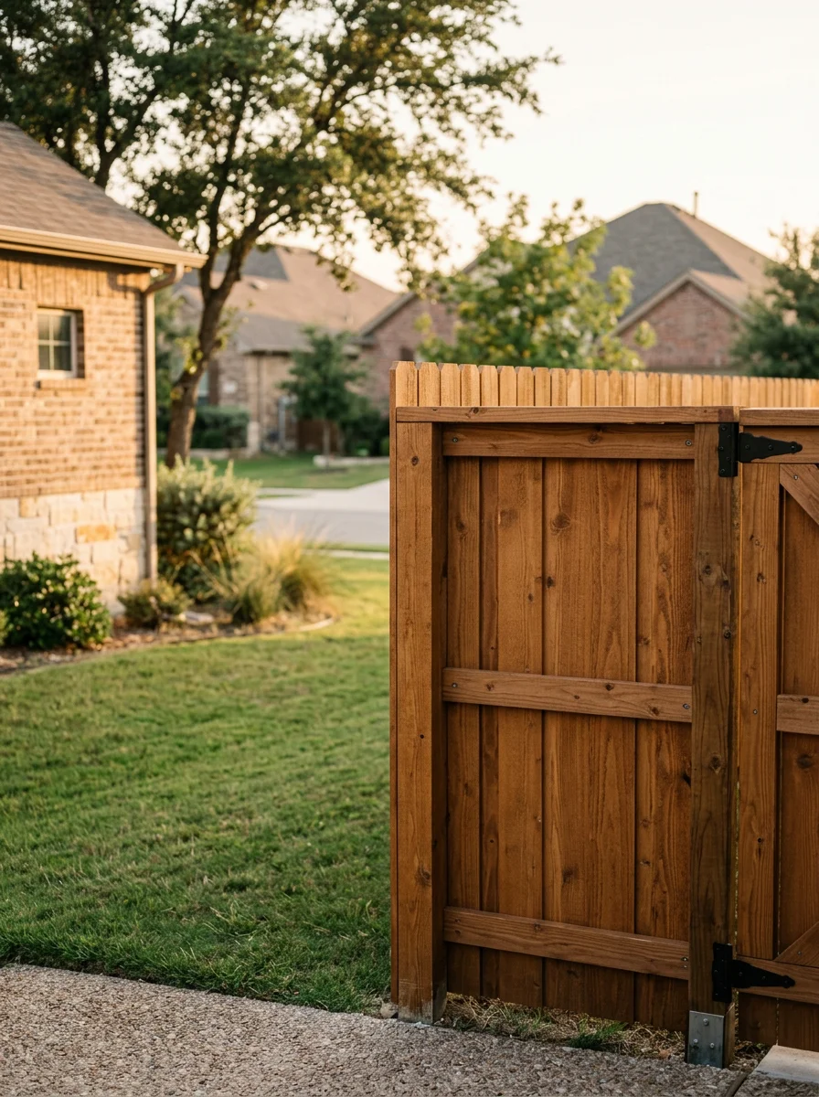 Wooden privacy fence installation in Cibolo residential area with suburban homes