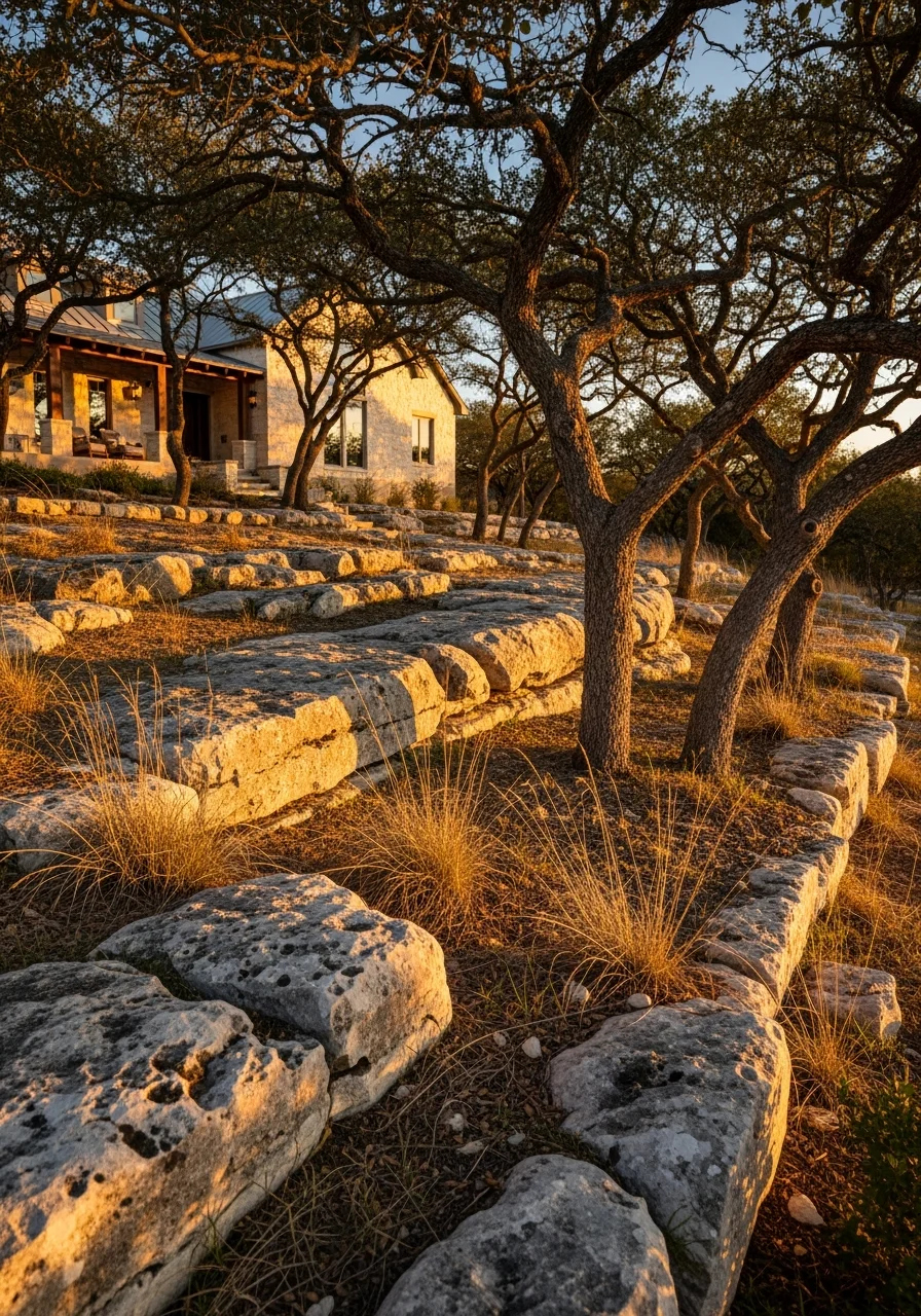 Portrait of a Hill Country property owner standing on their land with rocky terrain, native trees, and their home visible in the background.
