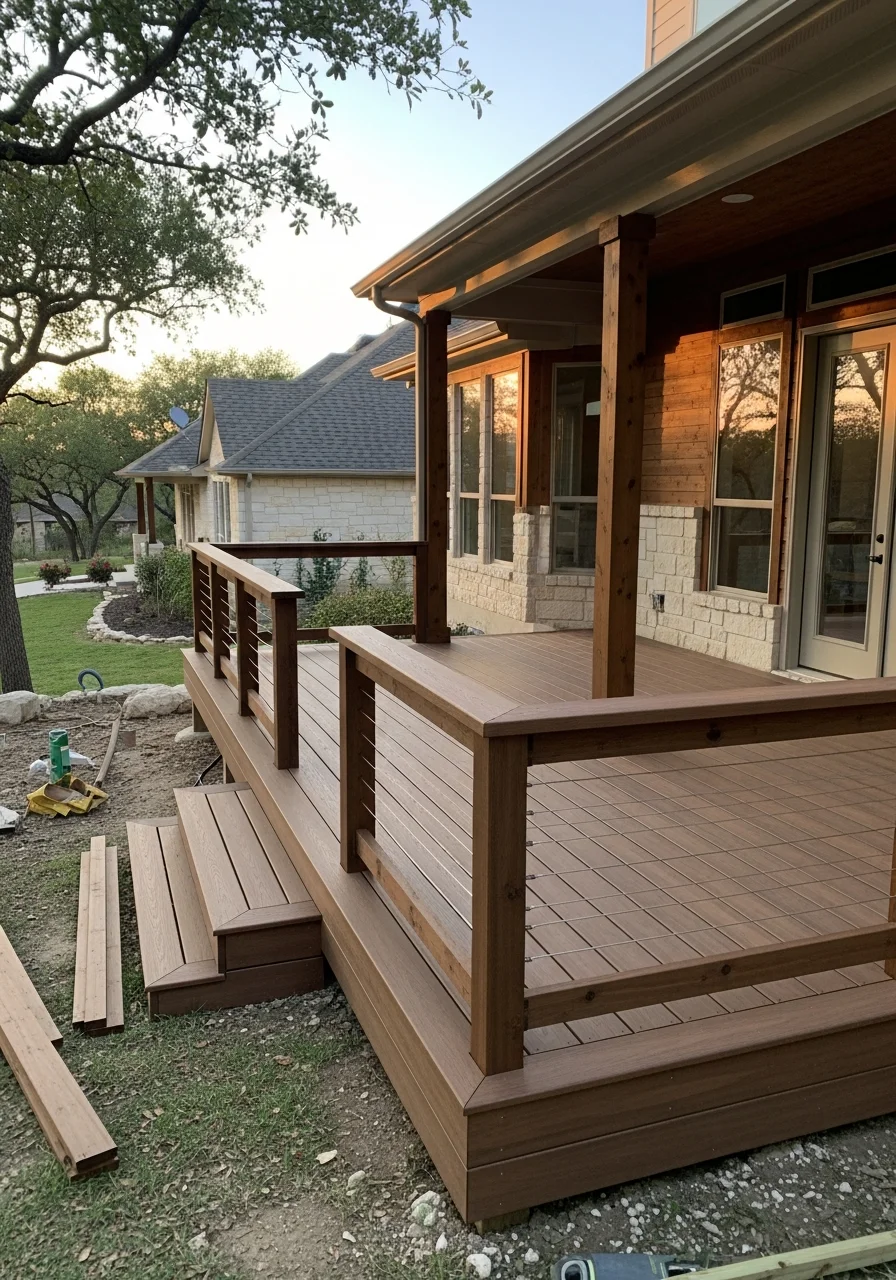 Close-up portrait of a homeowner standing in front of their New Braunfels property, smiling with a maintained yard and home exterior visible.