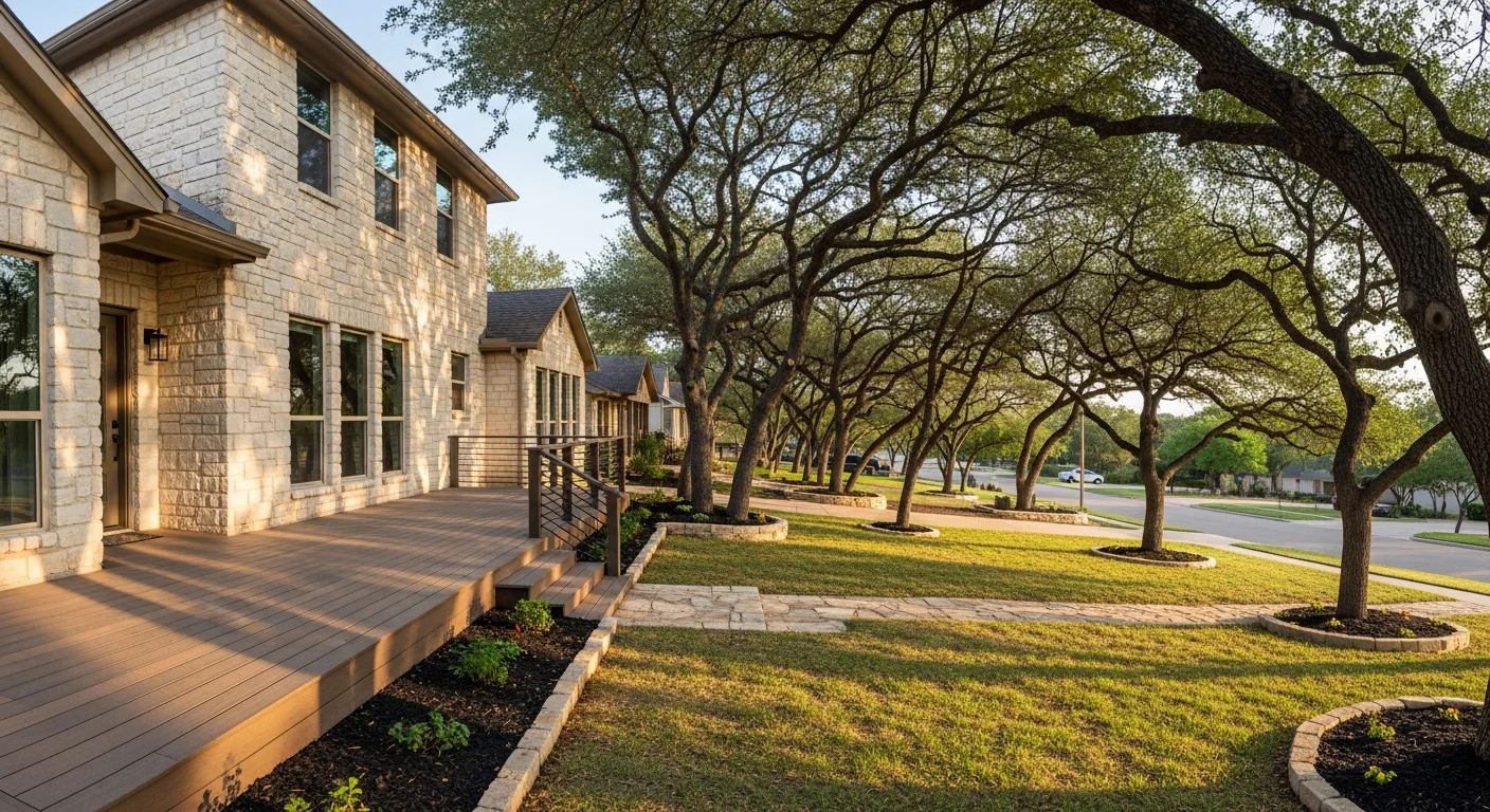 Wide view of a well-maintained residential property in New Braunfels with mature trees and clear landscaping, typical of Hill Country homes near the river.