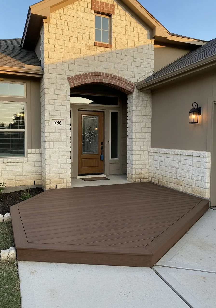 Portrait-style image of a satisfied San Antonio homeowner standing on their property with a maintained yard and home entrance in the background.