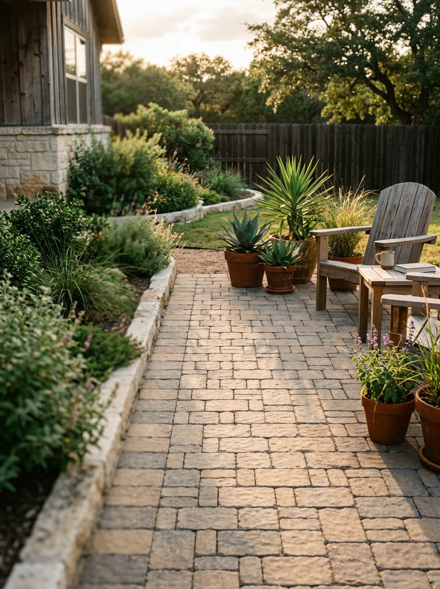 Professional patio installation in San Marcos residential neighborhood with stone pavers and outdoor seating area