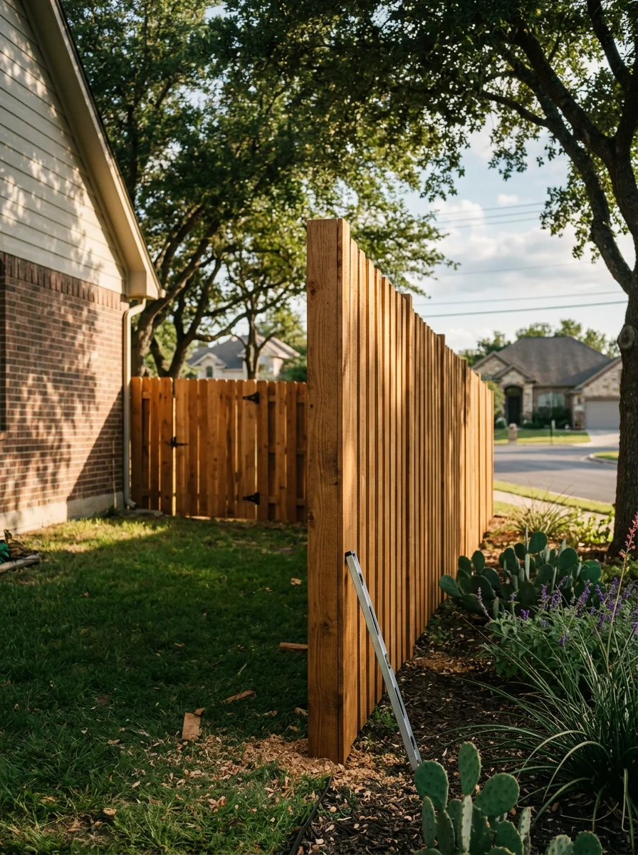 Custom wooden fence installation in Schertz residential community