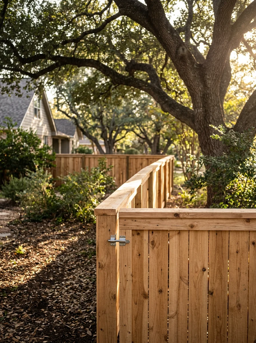 Custom wooden fence installation in Seguin backyard with mature landscaping