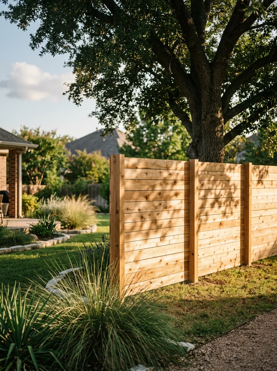 Custom wooden fence installation in Universal City residential backyard with mature landscaping