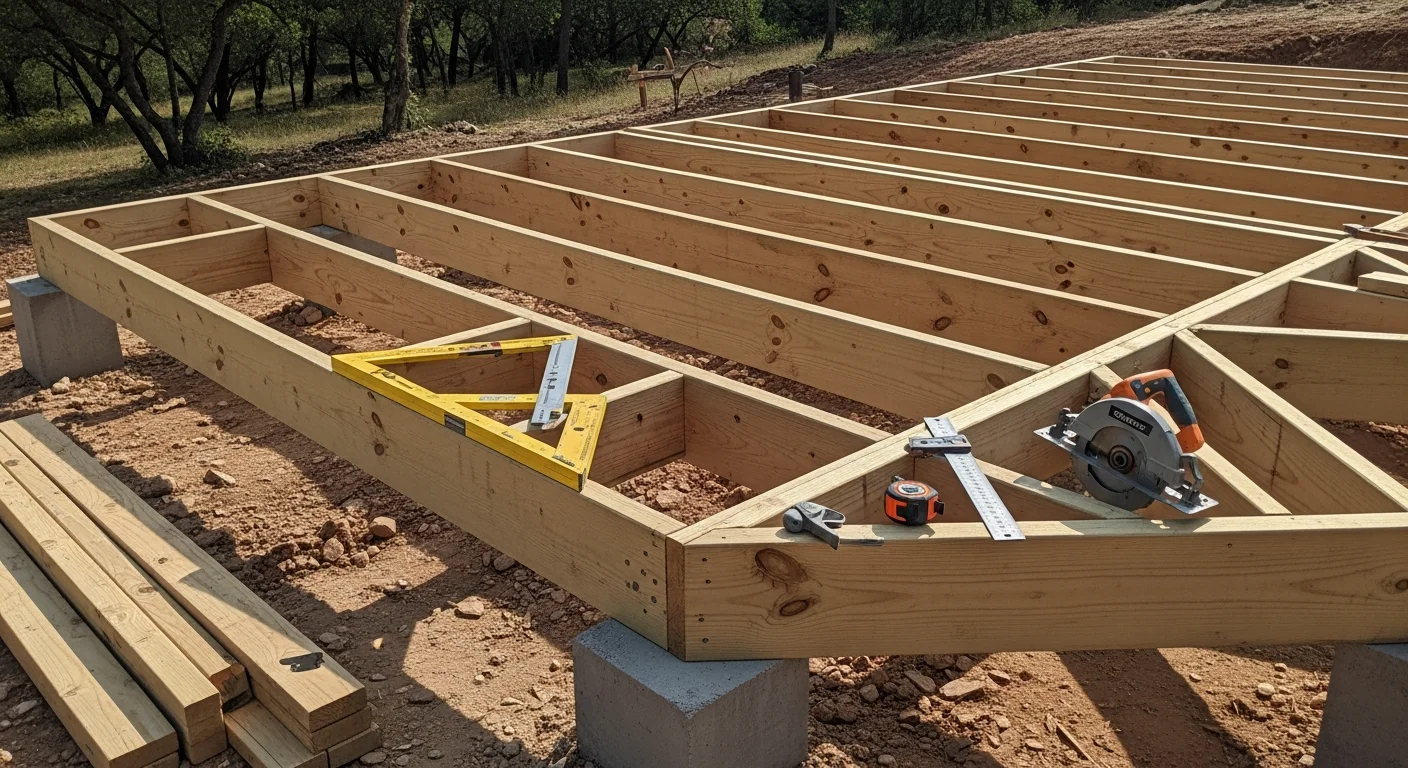 A newly built wood deck attached to a single-story home in New Braunfels, TX, with clean framing, level boards, and a backyard view of open Hill Country sky. The deck surface is clear of furniture to show the full construction detail and railing work.