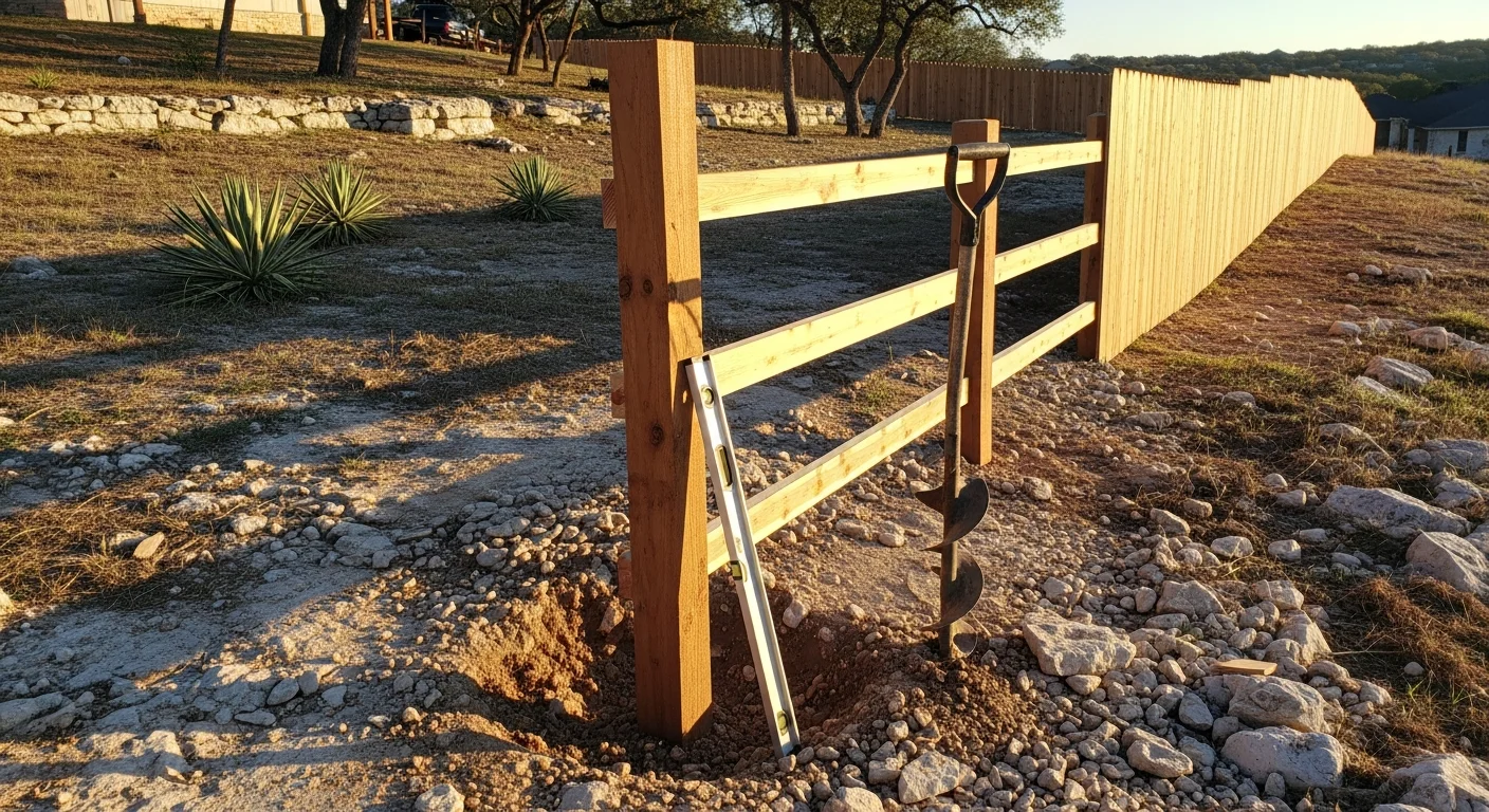 A newly installed wood privacy fence on a residential lot in New Braunfels, TX, with Hill Country terrain visible in the background. The fence runs along a slightly sloped yard with posts set flush and boards aligned evenly from gate to corner.