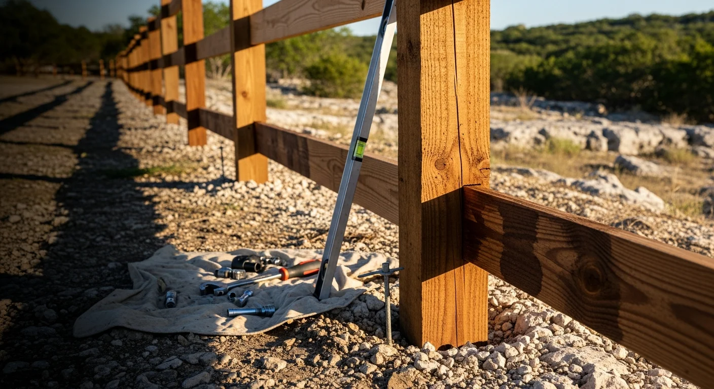 A residential wood fence in New Braunfels, TX with freshly tightened rails, reset posts, and treated boards showing no visible warping or lean. A contractor from Schmidt Improvement and Repair inspects the gate hardware along a sloped backyard lot.