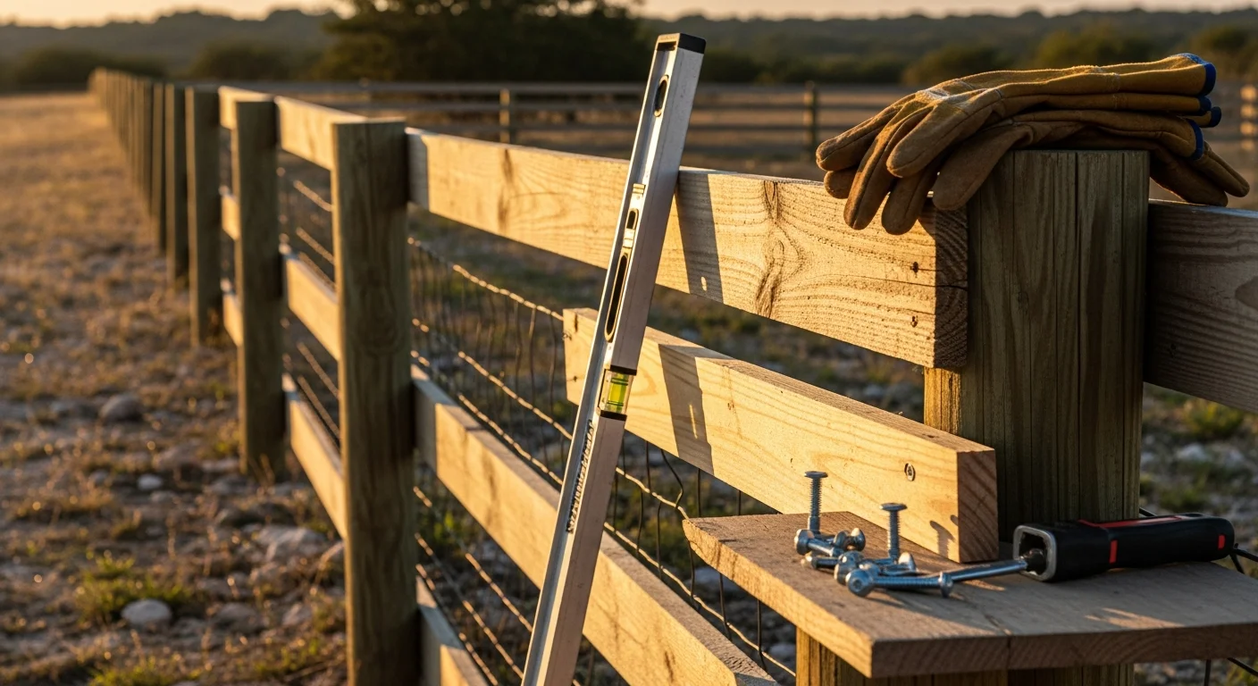 A repaired wood privacy fence along the backyard of a residential property in New Braunfels, TX, with straightened posts and replaced boards matching the existing fence line. A closed gate with a secure latch is visible at the corner of the yard.