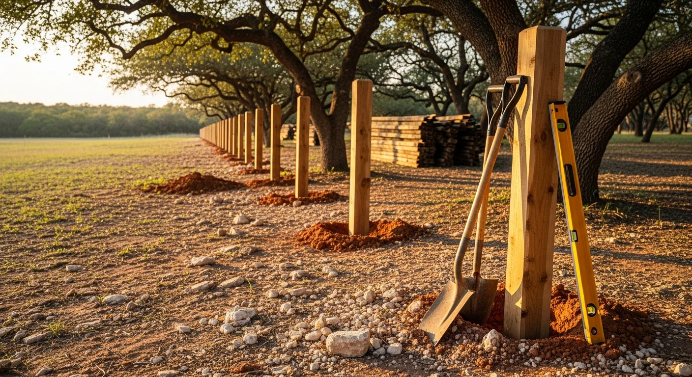 A newly replaced wood privacy fence along the backyard of a residential property in New Braunfels, TX, with straight posts set into Hill Country terrain and clean panel lines running the length of the yard. The old fence has been removed and the new structure stands plumb against a clear Texas sky.