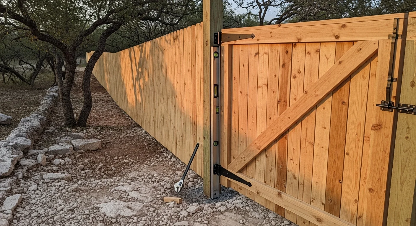 A newly installed wood gate set into a privacy fence at a residential property in New Braunfels, TX, with level posts and a fitted latch. The gate opens to a backyard with Hill Country-style landscaping visible in the background.
