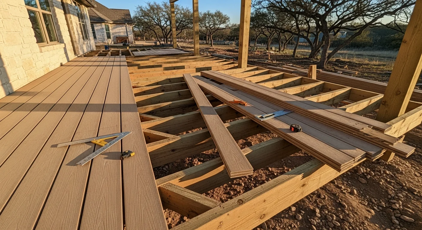 A custom covered patio and deck structure attached to a single-family home in New Braunfels, TX, with shade framing and a Hill Country backyard setting. The structure shows clean roofline integration and an open outdoor living area designed for year-round use.
