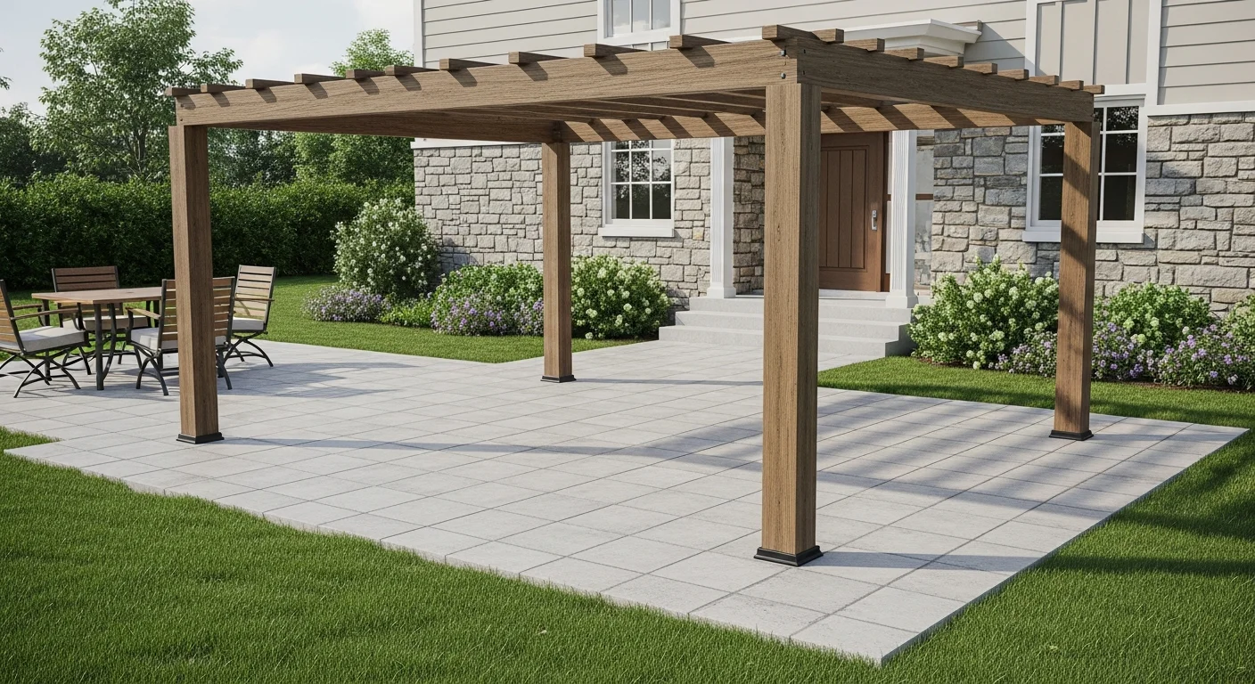 A newly constructed concrete patio behind a single-family home in New Braunfels, TX, with clean edges and a level surface set against a Hill Country backyard. The finished slab shows proper grading away from the home's foundation with open space ready for outdoor furniture.